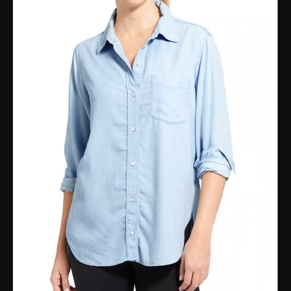 ATHLETA | Bootjack Chambray Button Down Collared Long Sleeve Shirt Top Blouse